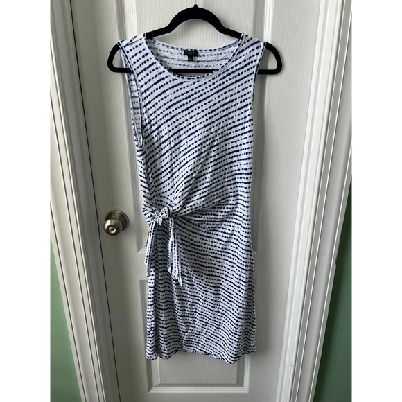 Talbots Nantucket Slub Side Tie Dress Striped Shibori White Blue Cotton Size MP - Picture 2 of 6